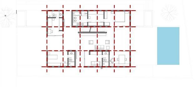 Figura 5: Modulação: Casa Alto de Pinheiro (2003) Casa Boaçava (2009) Fonte: FERNANDES, VIDAL, POSSATTI (2015) - adaptações do autor; STRIEBEL (2015) adaptações do autor Configuração funcional O