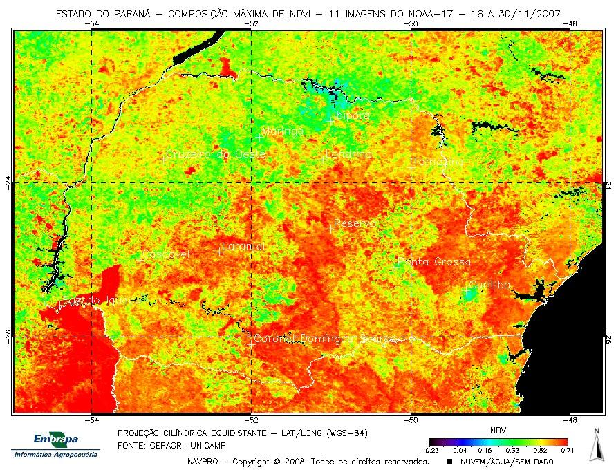 Na safra 2006/2007, pode-se observar no oeste do Paraná que em novembro/2006 a soja semeada já estava germinando (Figura 2a) devido ao aumento dos valores de NDVI.