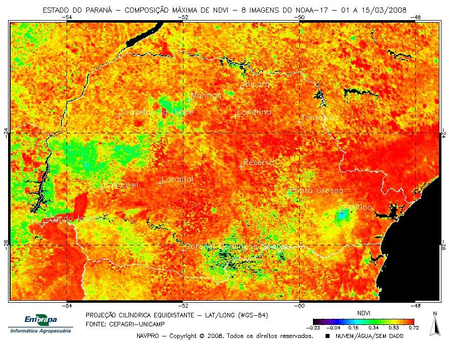 Já na safra 2007/2008, pode-se verificar no oeste do Paraná que o ciclo de cultivo da soja iniciou-se um pouco mais tarde em relação à safra anterior, pois em novembro/2007 (Figura 3a) ainda existiam