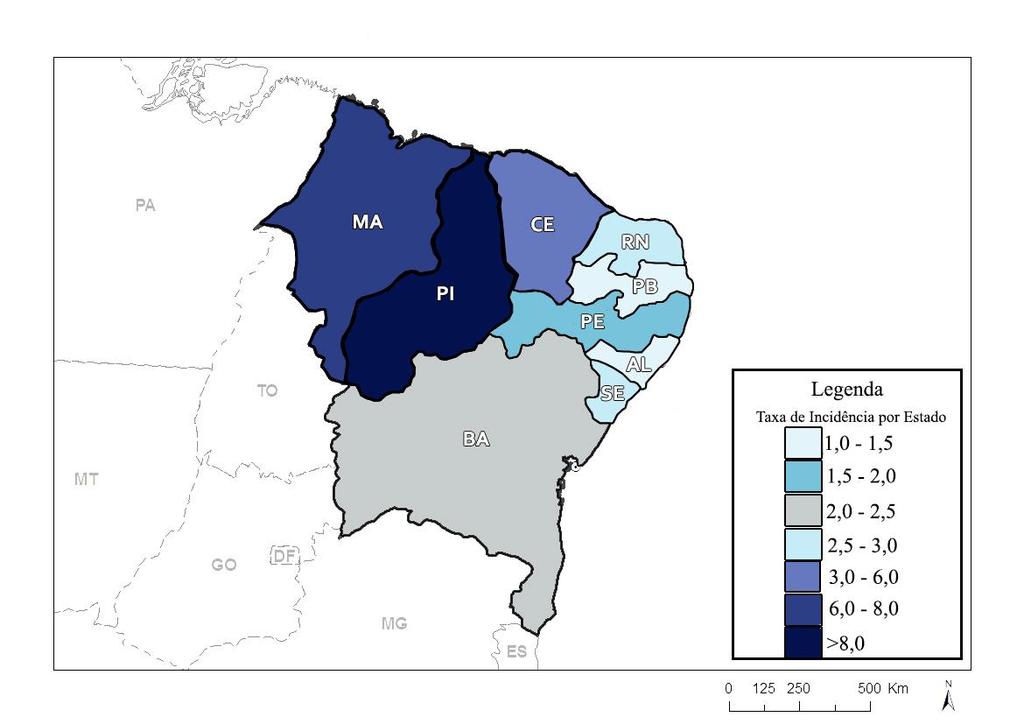 Os estados do Maranhão, Ceará, Bahia e Piauí concentram cerca de 81,07% de todos os casos de leishmaniose visceral da região Nordeste, enquanto que Alagoas é o estado que apresenta o menor número de