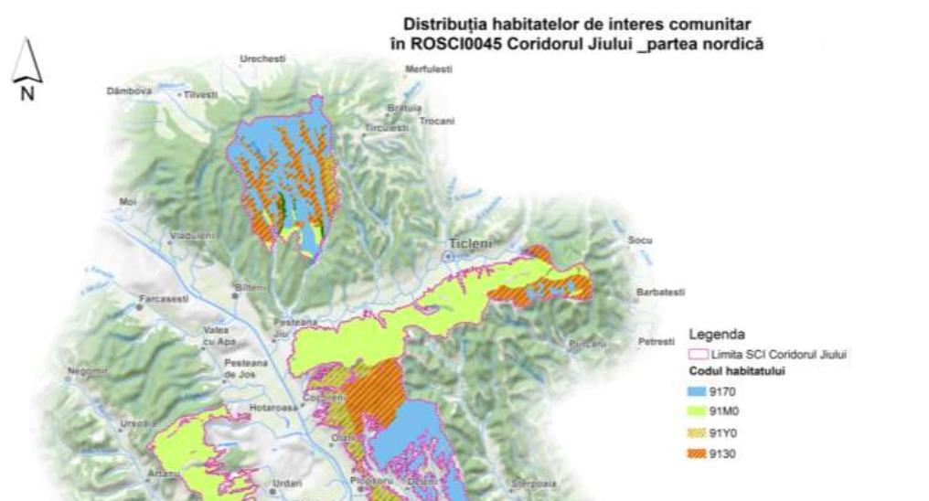 Distributia habitatelor de interes comunitar in ROSCI0045 Coridorul Jiului UAT Ticleni Conform Planului de management al sitului, la nivelul celor trei habitate s-au identificat urmatoarele presiuni: