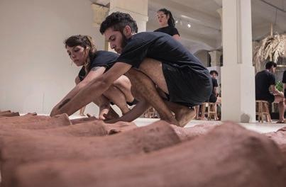 installation 512 clay tiles, wooden benches, clay and