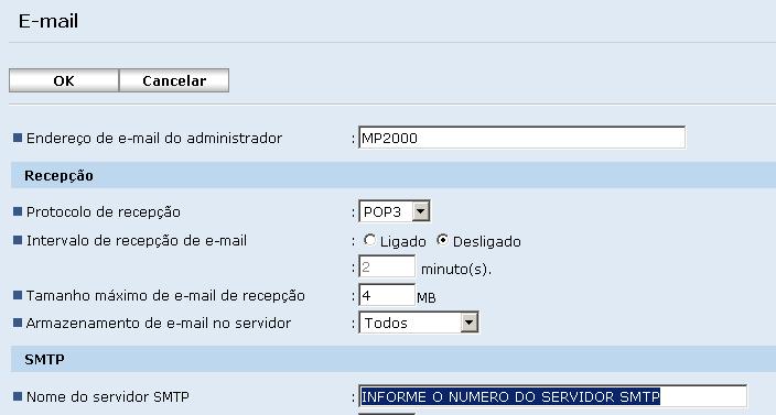 11 Nome do servidor SMTP Endereço do servidor de SMTP Em seguida clique em OK 3. Utilizando o Scan-To-Folder Na impressora, execute os passos abaixo: 1.