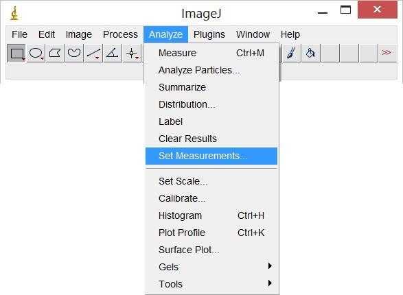 4 ) No menu do programa ImageJ clique em Analyse, depois em Set measurements.