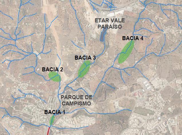 3,00 x 2,50 m, com 600 m e 200 m, separados por troço a céu aberto Instalação de 2 comportas: uma na entrada do 2º troço e outra ao nível da