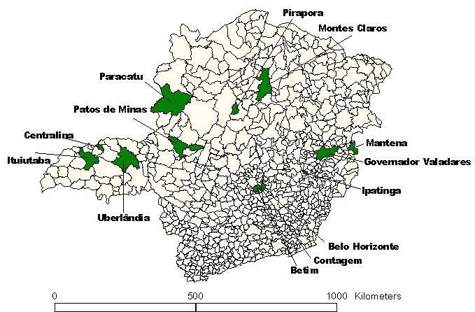 63 FIGURA 5 Mapa de Minas Gerais - em destaque os 13 municípios que participaram da pesquisa.