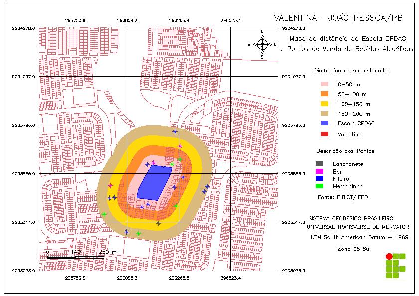 Figura 2 - Mapa localizando os pontos de venda de bebidas alcoólicas em relação ao CPDAC, no bairro de Valentina.