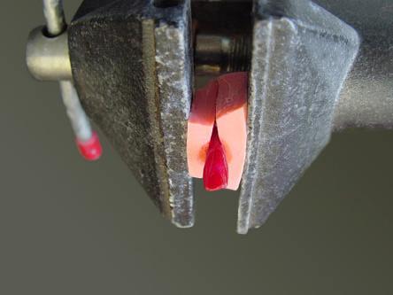 Material e Métodos 67 Em todos os grupos experimentais, os dentes foram presos em uma morsa (a) para que permanecessem imóveis durante a obturação (Figura 10).
