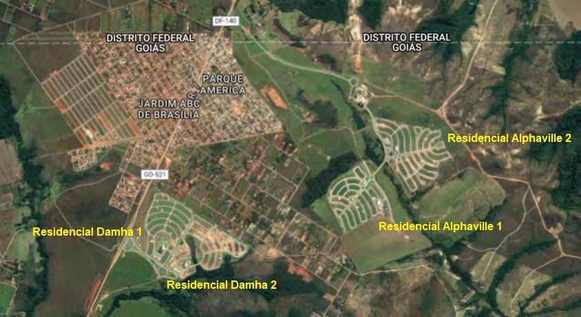 Figura 3. Localização dos condomínios de alto padrão do Jardim ABC na Cidade Ocidental-GO Fonte: Google maps, 2017.