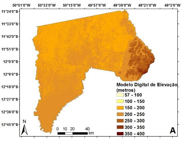 Figura 2. A) Modelo Digital de Elevação para o município de Formoso do Araguaia. Cada ponto do terreno foi representado com uma cor, do amarelo ao marrom, indicando o valor da altimetria.