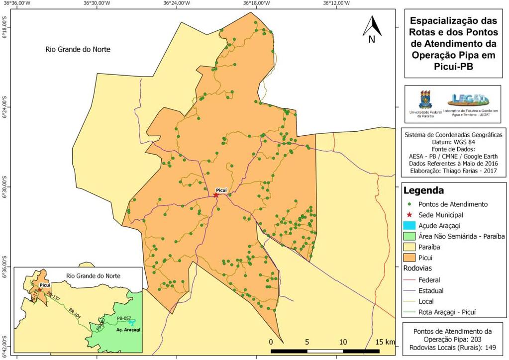 RESULTADOS E DISCUSSÕES De acordo com os dados analisados, o município de Picuí possuía, no período analisado, 203 pontos de atendimentos (PA s) e que através destes, foram mapeadas 149 rodovias