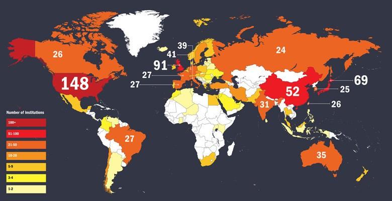 Países com representação nas 980 melhores universidades do mundo https://blog.