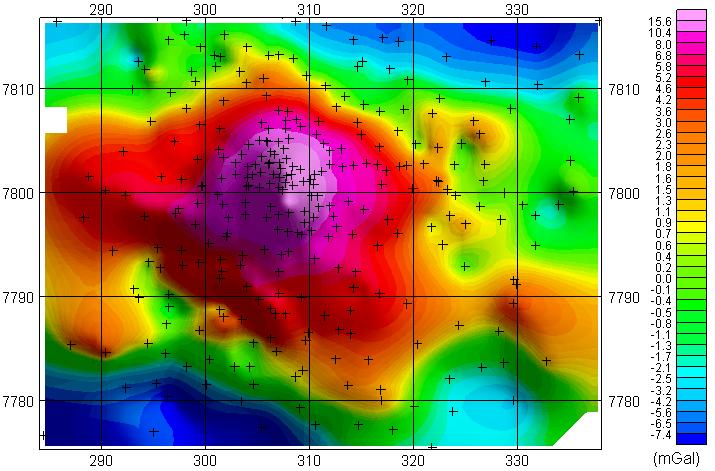92 Figura 32. Mapa da anomalia Bouguer residual observada para a área estudada. Tabela 2. Dimensões, em quilômetros, obtidas pelo modelo gerado a partir dos dados de gravimetria.