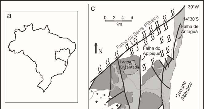 Figura 1 Localização da área de estudo. (A) Mapa do Brasil com o contorno do estado da Bahia. (B) Estado da Bahia com a porção emersa da bacia de Almada assinalada.