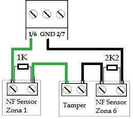 www.compatec.com.br 8 2.1.5.6 CONFIGURAÇÃO 5' - Zona dupla sem resistor de final de linha e detecção tamper Neste modo existe também a detecção de tamper. Neste caso a MT10 fica com 10 zonas.