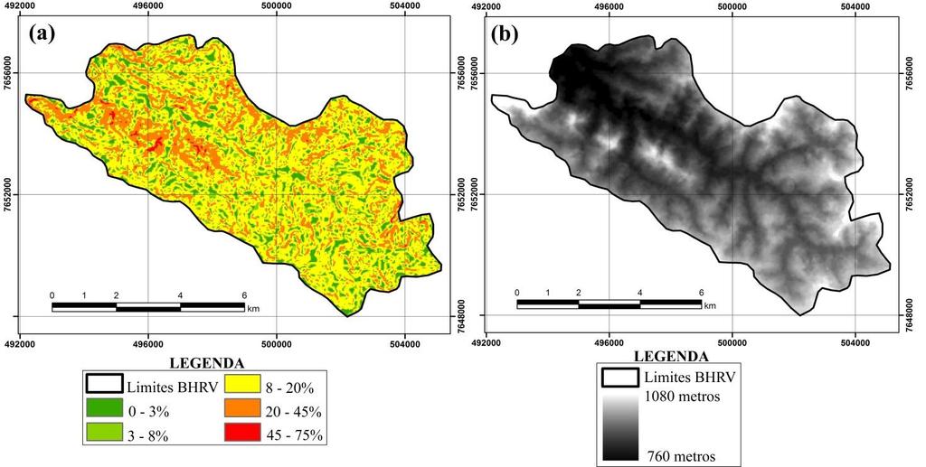 Levantamento das propriedades... 107 Figura 2 Mapas de declividade (a) e hipsométrico (b) da bacia hidrográfica do Ribeirão Vermelho.