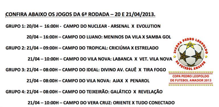 RAIO X DA 5ª RODADA DA 2ª COPA PEDRO LEOPOLDO DE FUTEBOL AMADOR TEMPORADA 2013. RESULTADOS DA 5ª RODADA 13 E 14/04/2013.