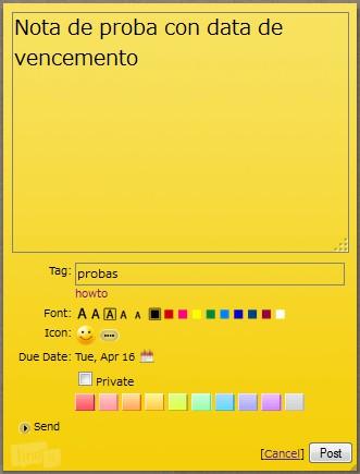 Xusto debaixo da opción Private podemos escoller a cor da nota que imos inserir: A opción Send serve para enviarlle a nota a outros usuarios especificando o seu