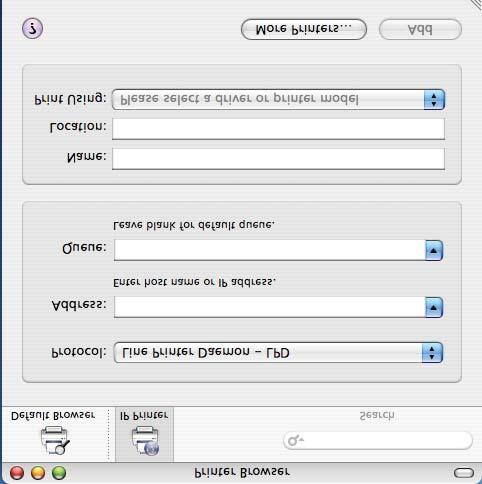 9) (Mac OS X 10.4.x) g (Mac OS X 10.3.9) Introduza o endereço IP da impressora na caixa Printer Address (Endereço da Impressora). (Mac OS X 10.4.x) Introduza o endereço IP da impressora na caixa Address (Endereço).