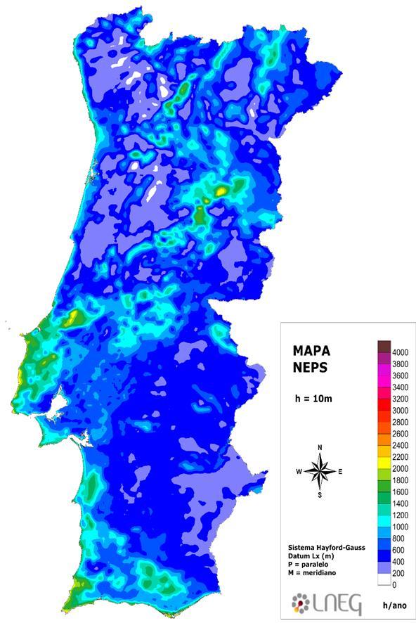 Conversão da Energia Cinética do vento em Energia Eólica Cálculo do Índice NEPs (h/ano) No sítio do Geoportal do LNEG, é possível obter por coordenada o valor do NEPS (h/ano) para Portugal, Açores e