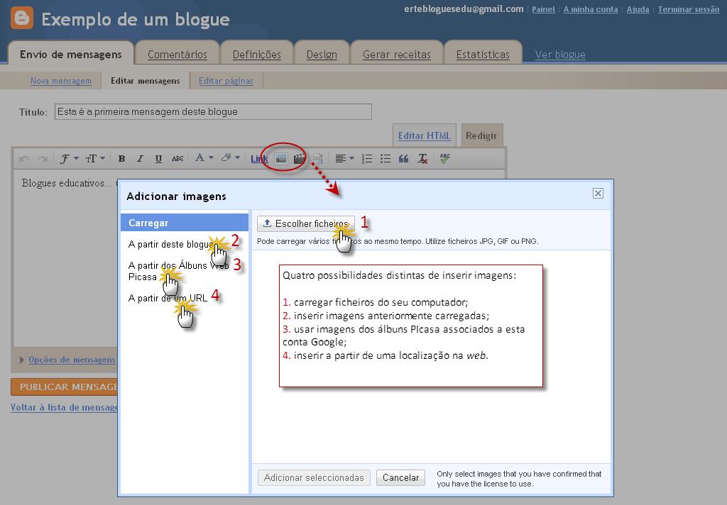 9. Adição de ficheiros multimédia: Imagens: Adicione uma imagem Pode adicionar imagens às mensagens do seu blogue a partir da Web ou do seu computador.