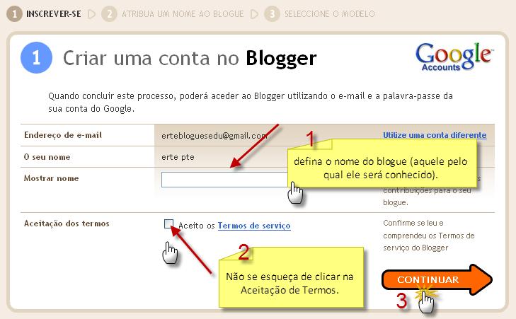 2. Passos para a criação de um Blogue no Blogger: Defina o nome do autor do blogue tal como