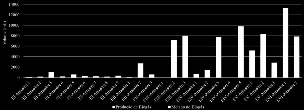 A maior produção de metano e biogás se deu na amostra 1 do sexto experimento, sendo que outro experimento com uma boa produção de biogás foi a amostra 5 do experimento IV.