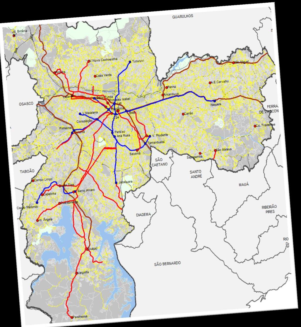 INFRAESTRUTURA EXISTENTE O ônibus é o único modo presente em todo território da cidade Metrô = 78,1 km CPTM = 260,8km