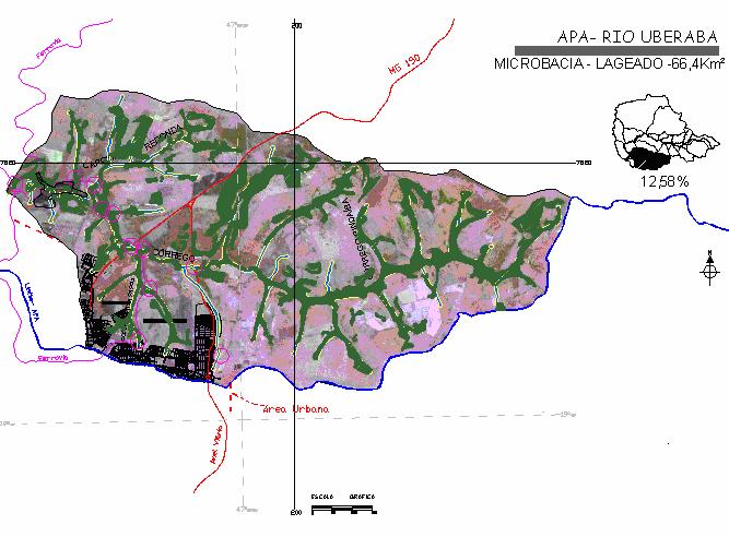 Figura 3 Principais córregos existentes na APA do rio Uberaba, dentre eles o Lageado (SEMEA, 2004). O curso principal da microbacia do Córrego Lageado (Figura 2) tem comprimento de 18.