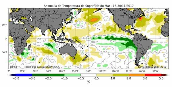 7.2. Condições oceânicas recentes e tendência O mapa de anomalias da temperatura na superfície do mar (TSM) da segunda quinzena de novembro (Figura 3) mostra um predomínio de áreas com anomalias