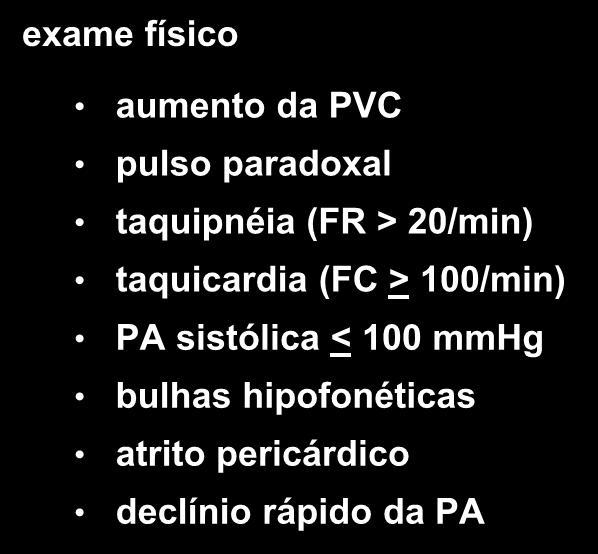 Diagnóstico do tamponamento exame físico aumento da PVC pulso paradoxal taquipnéia (FR >