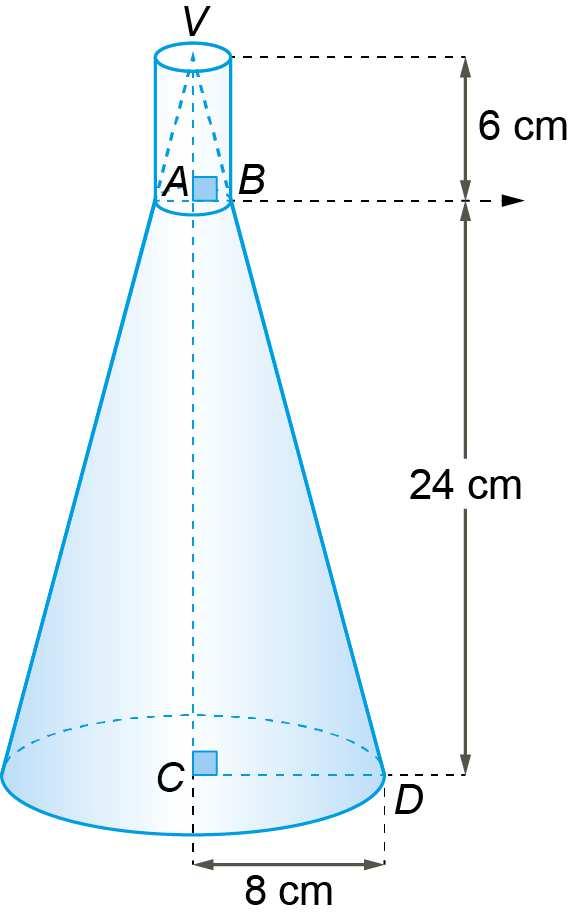 cuj rai da base é [AB] e altura 6 cm. O pnt V é vértice ds dis cnes. Altura máima d líquid n recipiente Sabe-se que AV = 6cm ; AC = 4cm e CD = 8cm. 1.