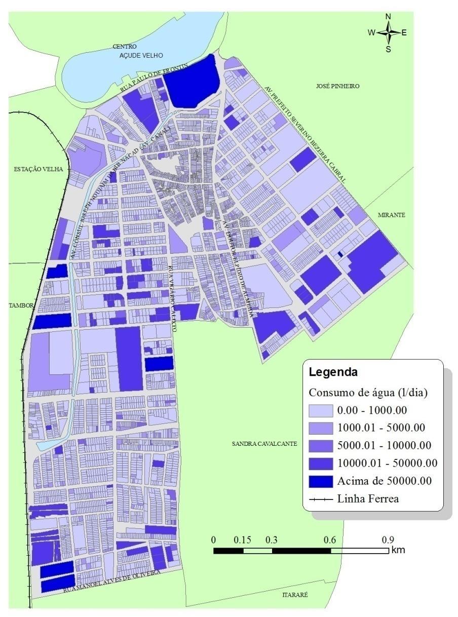 Figura 5 - Espacialização da estimativa da demanda de água para o bairro do Catolé. A Tabela 1 apresenta o resultado da validação dos dados estimados para a demanda de água na área de estudo.