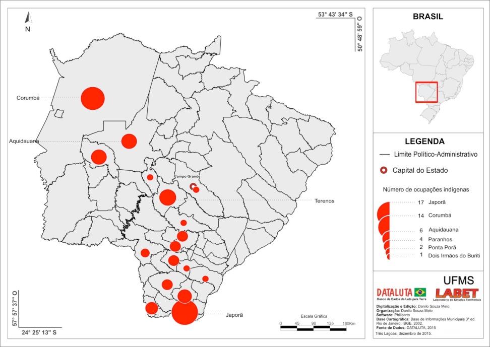 Mapa 1 Mato Grosso do Sul: ocupações indígenas (2010-2014) Fonte: DATALUTA - Banco de Dados da Luta pela Terra, 2015.