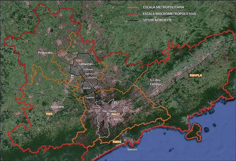 Formas avançadas de dispersão urbana no vetor noroeste paulista Figura 6 Vetor noroeste inserção à macrometrópole paulista Fonte: Elaborado a partir de imagens http://www.emplasageo.sp.gov.