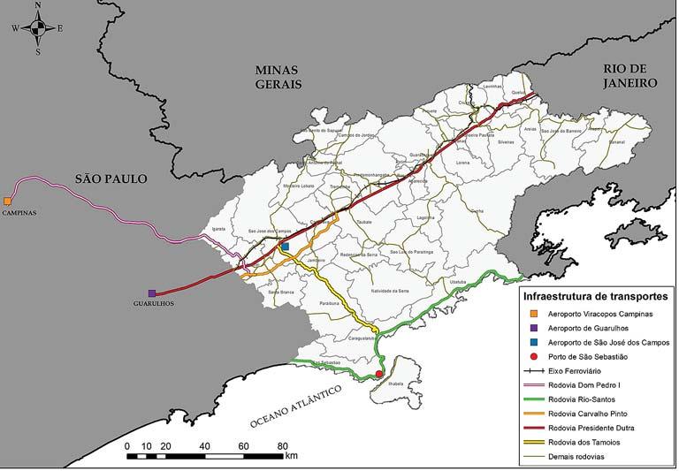 Duplicação da rodovia dos Tamoios SP Figura 2 Sistema de transportes na RMVPLN Fonte: IBGE (2010). Elaborado por Daniel José de Andrade, em 2017 (PPGPLUR Univap). Campos e Caraguatatuba.