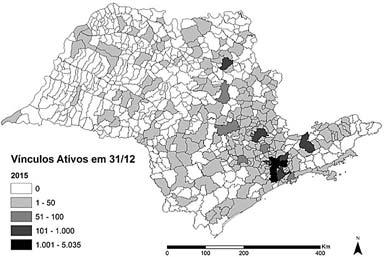 Jóice de Oliveira Santos Domeniconi, Rosana Baeninger Mapa 2 Distribuição espacial dos vínculos ativos de trabalhadores do conhecimento imigrantes e nacionais segundo municípios do estado de São