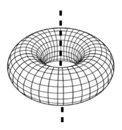 Figura Tórica com linha pontilhada sobre o eixo de rotação. A linha pontilhada mostra a área fora o toro, mas dentro, o interior de seu orifício central.