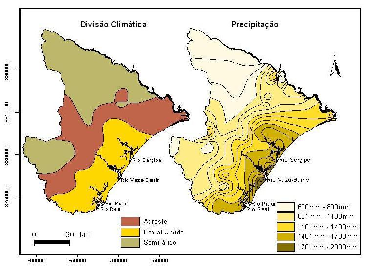 CARACTERIZAÇÃO DA ÁREA DE ESTUDO Figura 02 Divisão climática e Precipitação anual em mm para o Estado de Sergipe (Fonte: Atlas de Sergipe, SEPLANTEC, 1979) 3.4 Características oceanográficas locais 3.