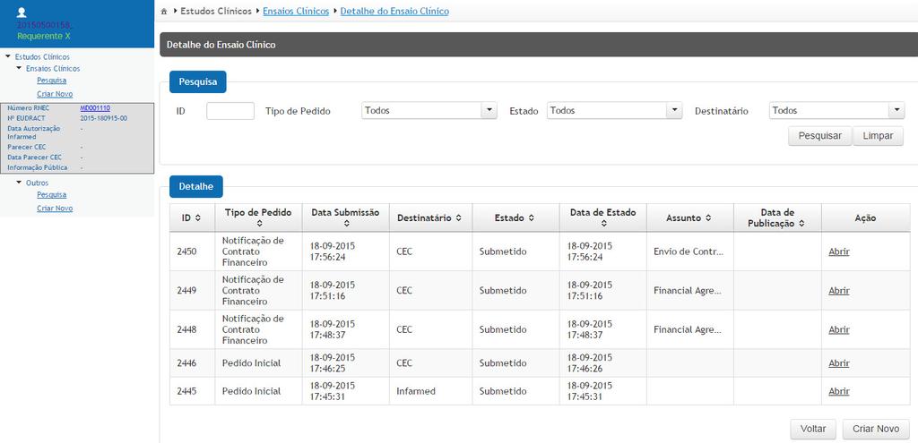 Data da última Publicação (caso exista) Ação É de referir que o campo Abrir é um link que direciona o utilizador para o ecrã Detalhe do Ensaio Clínico. 2.7.