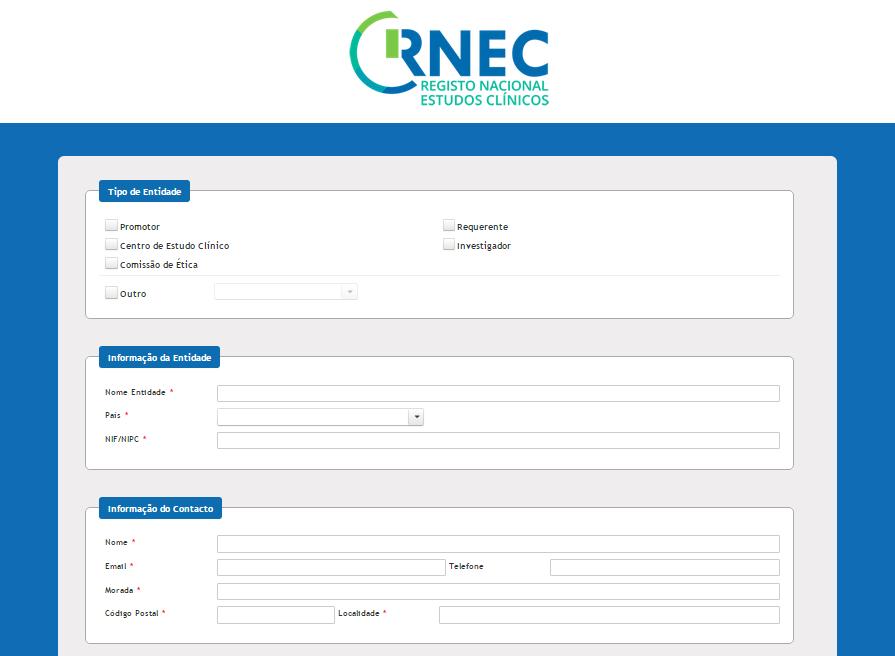 A partir deste ecrã, um utilizador não registado no RNEC pode submeter o seu Pedido de Registo de Utilizador, que será posteriormente avaliado