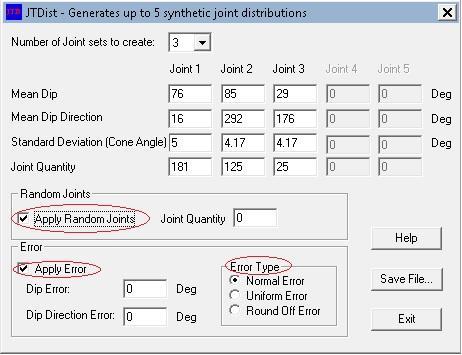 Deviation, Cone Angle) e a quantidade de descontinuidades que compõe cada família (Joint Quantity). Na Figura 30 apresenta-se o quadro dos principais parâmetros da aplicação.