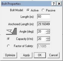 RocPlane a aplicação de ancoragens (Bolt Model: Active) ou pregagens (Bolt Model: Passive).