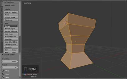 Selecionando todo objeto com a tecla A vamos pressionar na ala MESH a ferramenta SMOOTH VERTEX, esta ferramenta