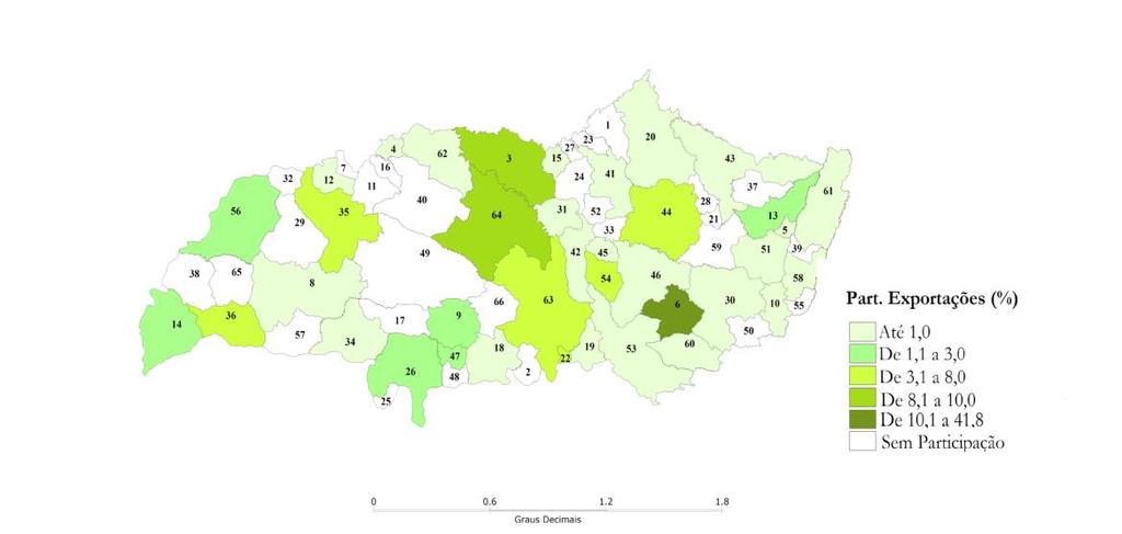 Figura 1. Municípios exportadores do TMAP, respectivas participações relativas no total das exportações, 2000 a 2016. Legenda Município Particip.Exportações (%) Legenda Município Particip.