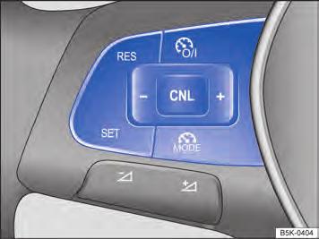 Interromper a regulagem Colocar o interruptor Fig. 99 2 para a posição ou pisar no pedal do freio. A velocidade permanece salva. Retomar a regulagem Pressionar o botão Fig. 99 1 na área.