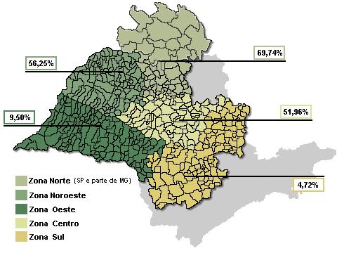 Introdução FIGURA 1.8: Zoneamento citrícola considerado no levantamento de CVC em 2005 no Estado de São Paulo e parte do Triângulo Mineiro. (Fonte: www.fundecitrus.com.