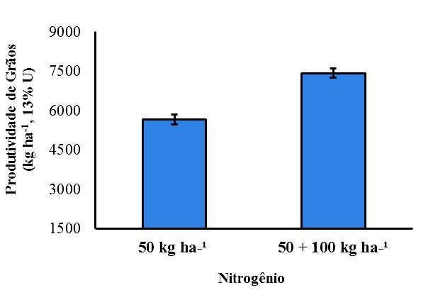 Figura 2. Produtividade de grãos do milho 2ª safra em função da adubação nitrogenada com e sem aplicação adicional de 100 kg ha -1 de N em cobertura.