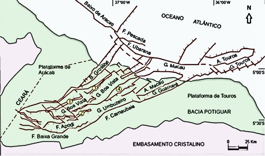 Figura 2.1: Arcabouço estrutural da Bacia Potiguar. Modificado de Bertani et al, 1990. 2.1.4 Litoestratigrafia Estudos como Sampaio e Schaller (1968) e Araripe e Feijó (1994) ajudaram a compreender a litoestratigrafia da Bacia Potiguar.