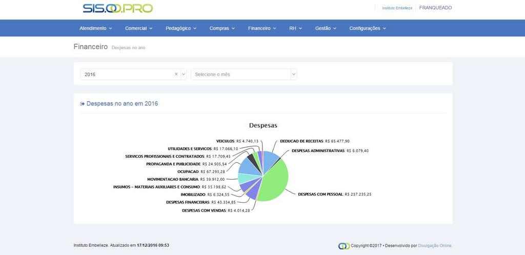 7.5.3 Análise de despesas Vá à aba GESTÃO, seleciona FINANCEIRO e clica ANÁLISE DE DESPESAS. Filtra por ANO x MÊS: Figura 162. Análise de despesas 7.5.4 Análise de receitas Vá à aba GESTÃO, seleciona FINANCEIRO e clica ANÁLISE DE RECEITAS.